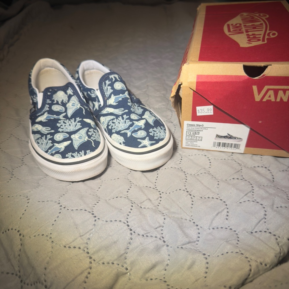 Vans Classic Slip-On Glow Xray Ocean Blue Sea Life Kids Shoes Sting Rays 12.5
